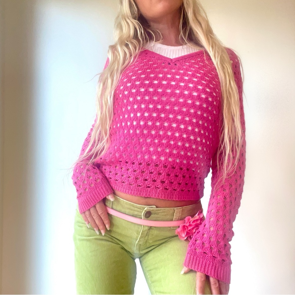 Y2K It Girl Pink Sweater Mesh Top Mermaidcore Bimbo Long Sleeve Top